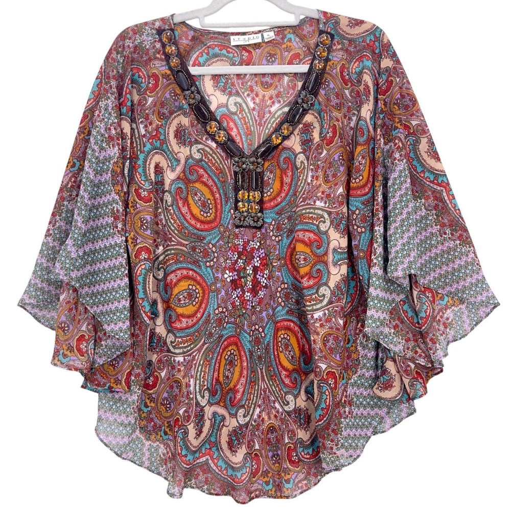Studio JPR Multicolor Paisley Beaded V-Neck Butterfly Sleeve Blouse XL Boho